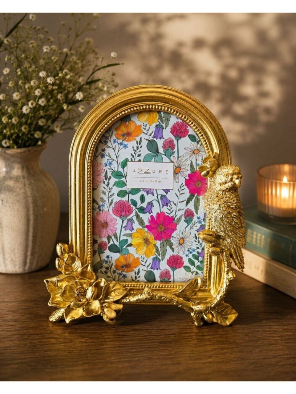 New Gold Figural Jungle Boho Parrot & Flowers Photo Picture Frame 4x6 Room Decor